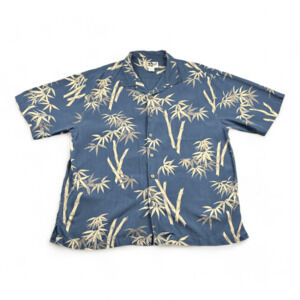 Hilo Hattie Hawaiian Shirt Adult LARGE Blue Silk Bamboo Graphic Tropical Pocket